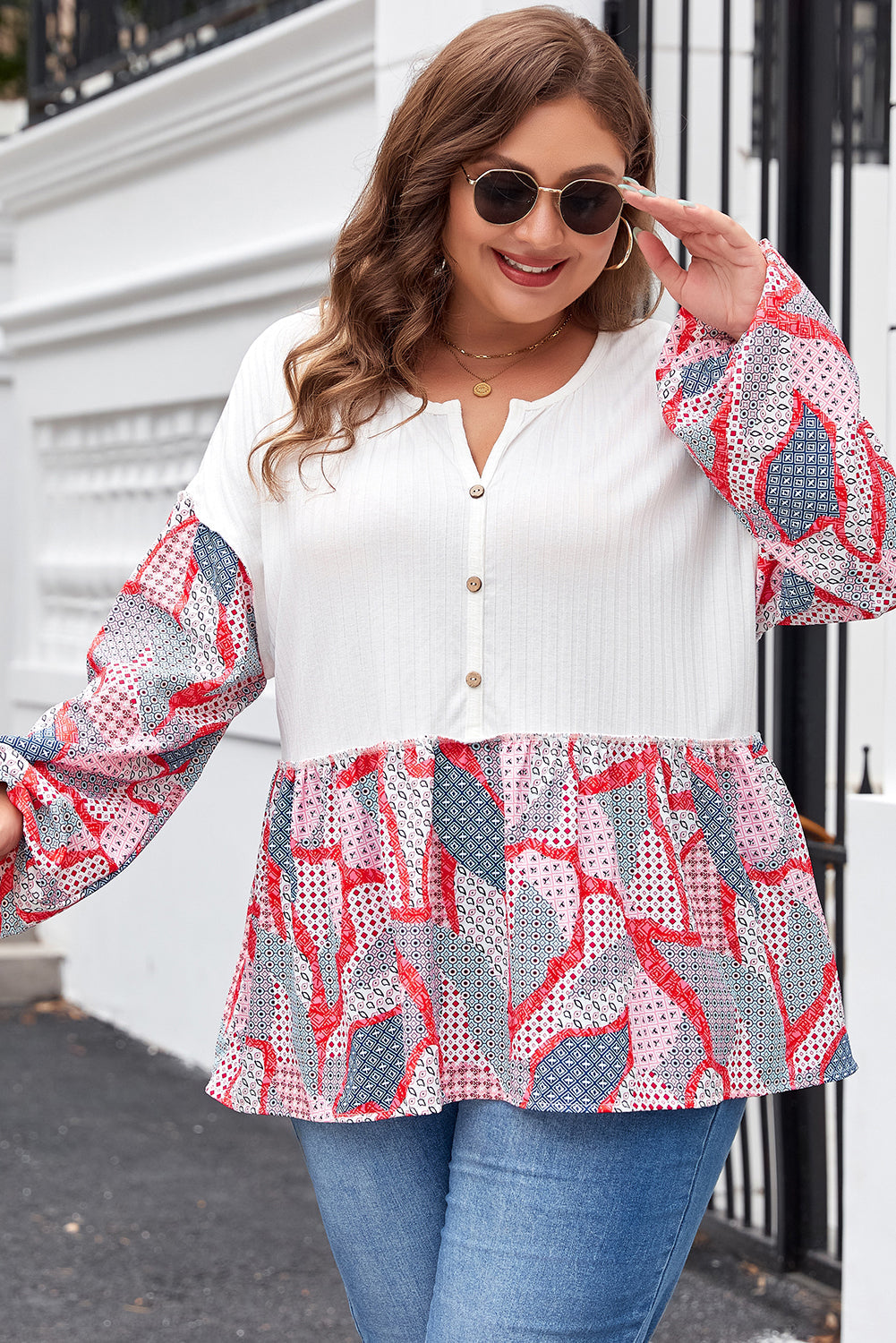 Apricot Plus Size Printed Patchwork Textured Buttoned Blouse Beagle Boutique Fashion Outlet