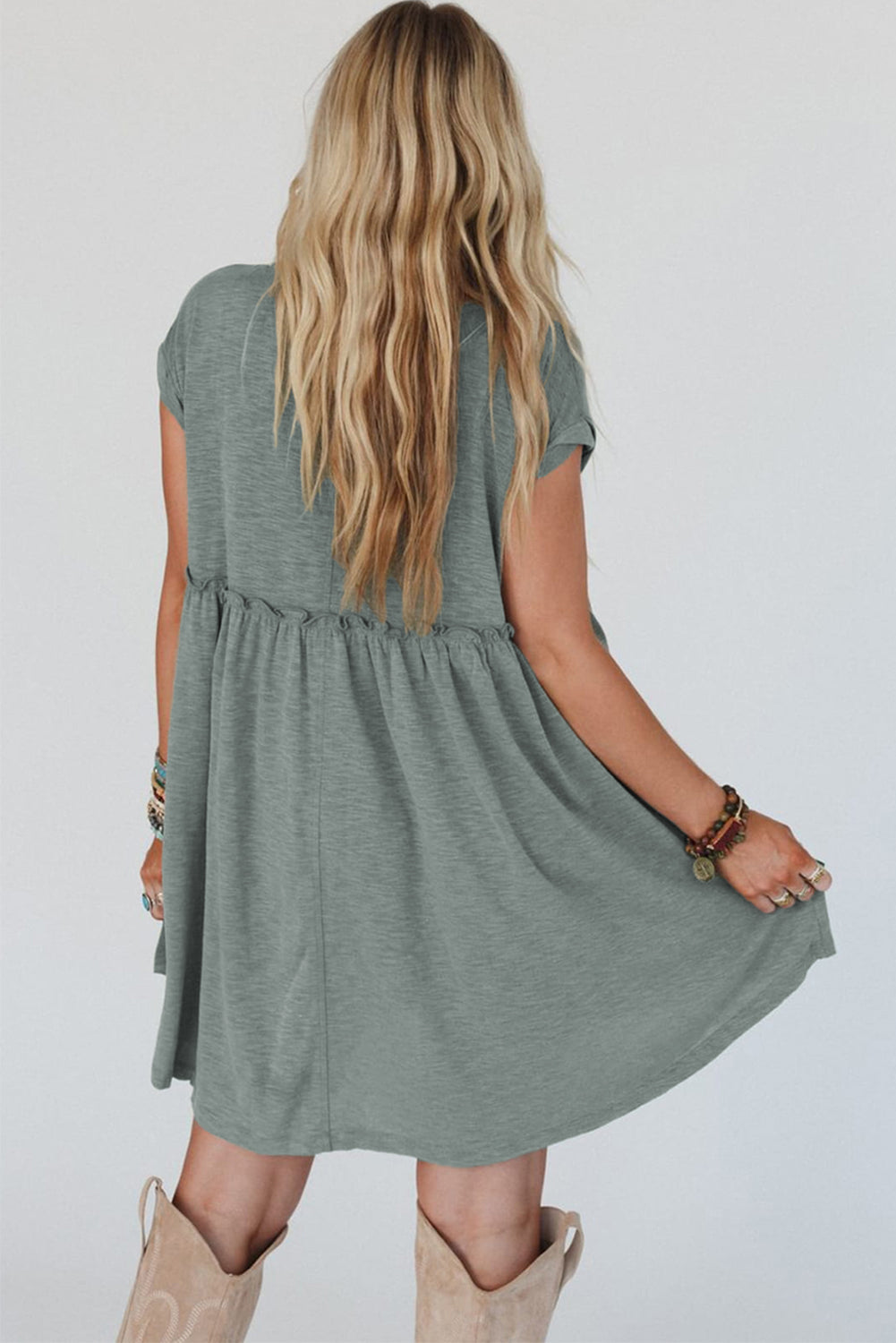 Mist Green Frilled Gathered Seam Round Neck T Shirt Dress eAura