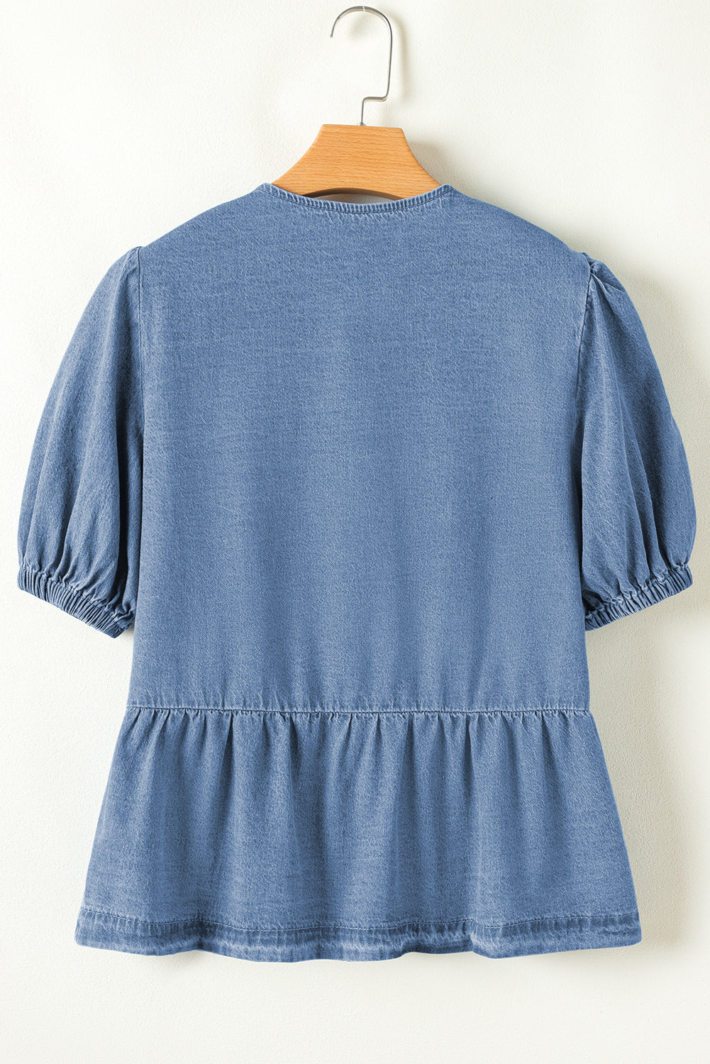 Dusk Blue Tied Front Bubble Sleeve Peplum Denim Shirt eAura