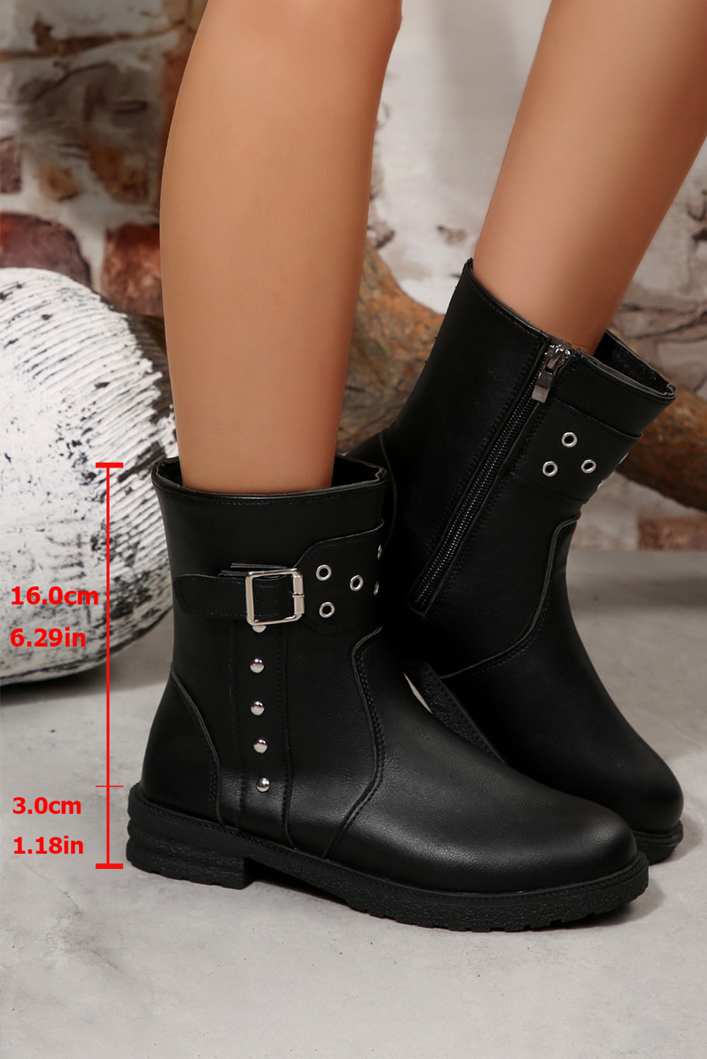 Black Studded Buckle Decor Side Zip Faux Leather Boots - eAura