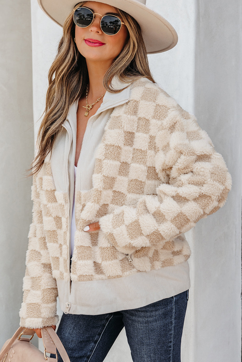 Checker Sherpa Corduroy Patchwork Zip up Collared Jacket eAura