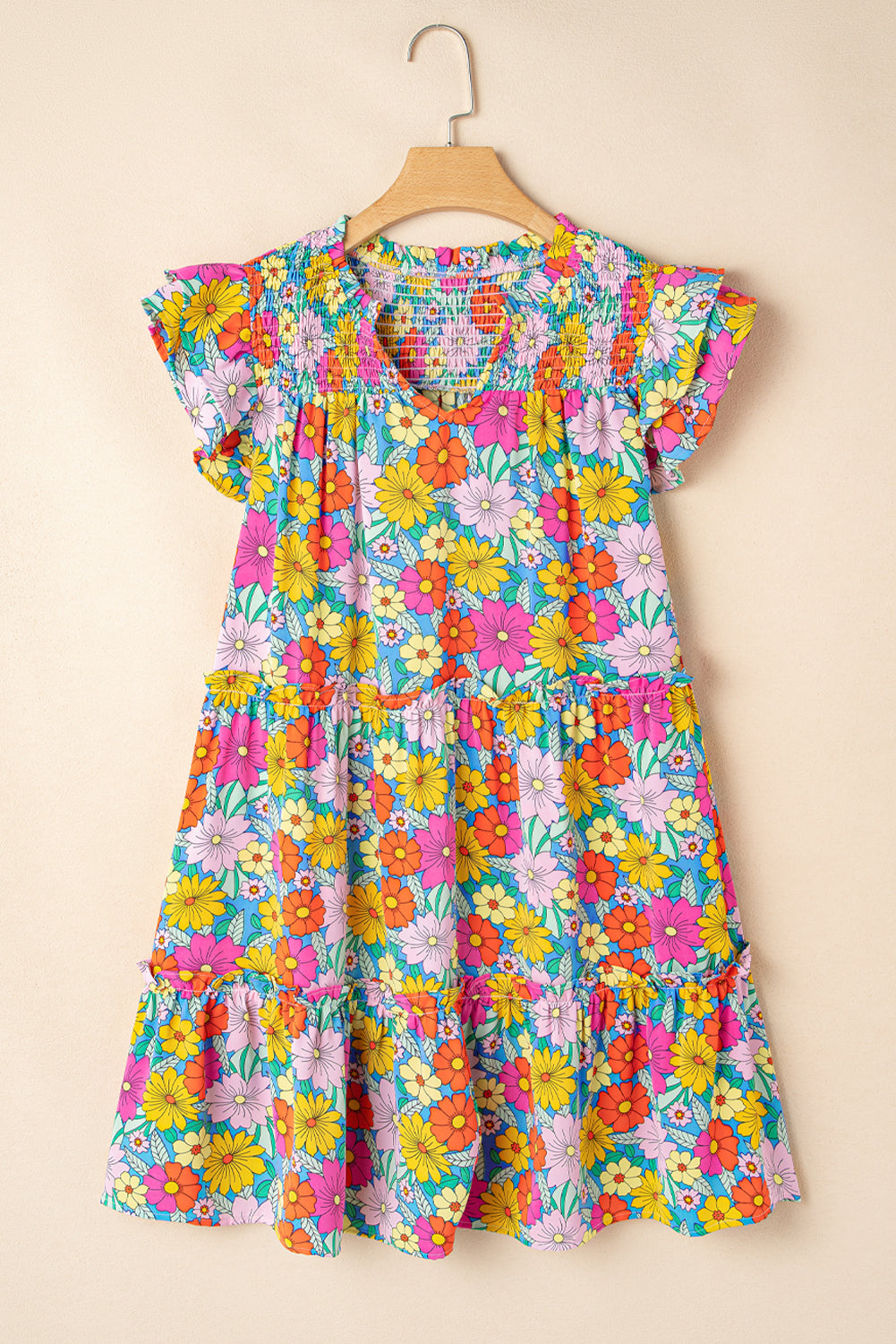 Sky Blue Floral Print Smocked Notch V Neck Flutter Sleeve Mini Dress eAura