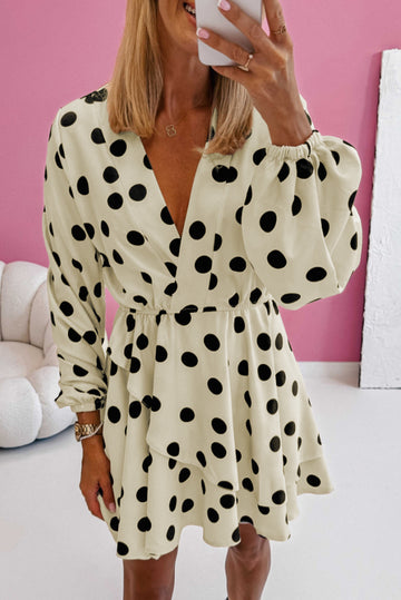 Polka Dot Print Surplice V-Neck Puff Sleeve Mini Dress