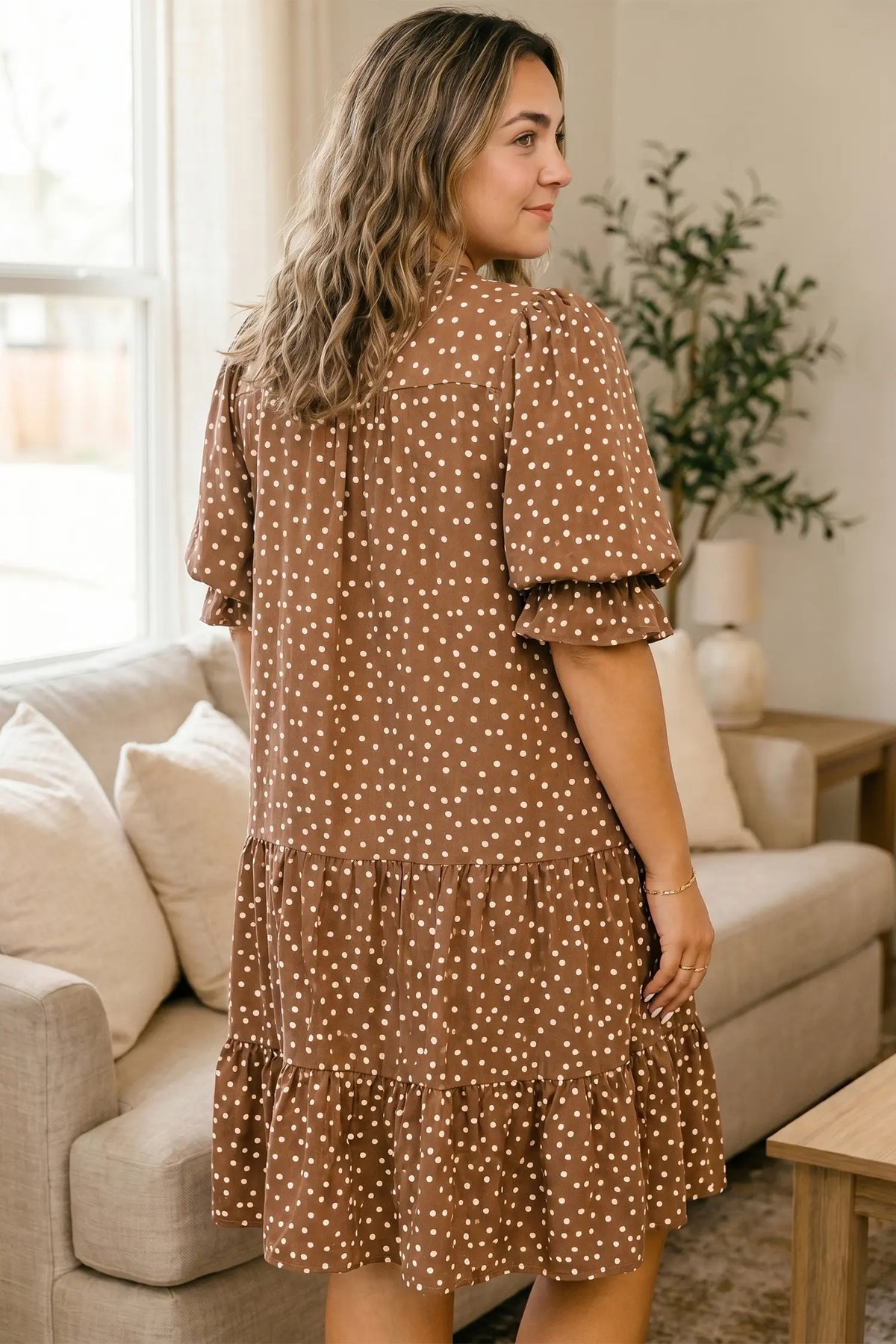 V Neck Polka Dot Long Sleeve Shift Plus Size Dress – Brown