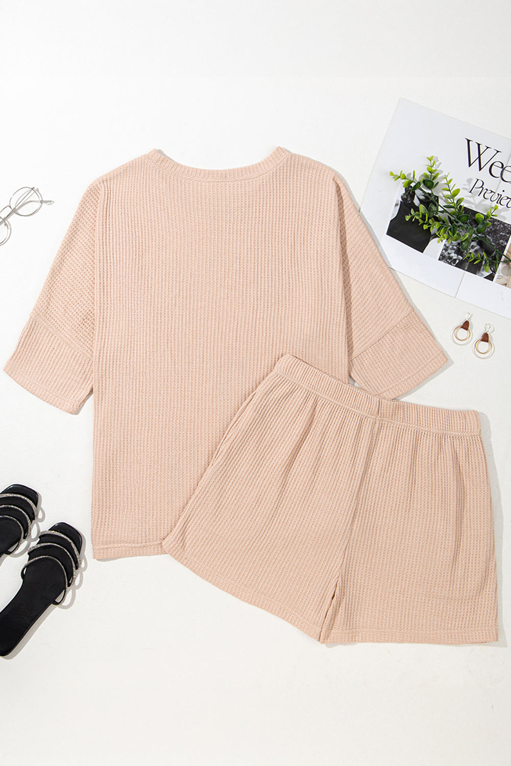 Light French Beige Cactus Forest Waffle Tee Short Co-ord Set eAura