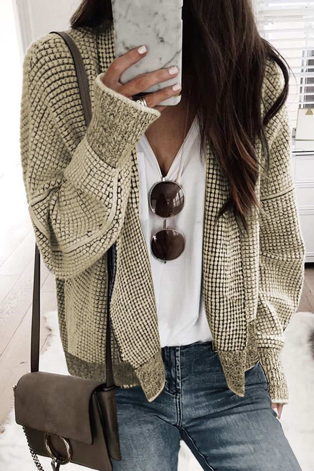 Black Plaid Contrast Trim Open Front Cardigan eAura