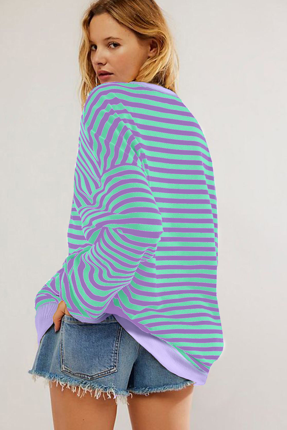 Striped Contrast Ribbed Trim Crossed Stitch Drop Shoulder Sweatshirt - eAura