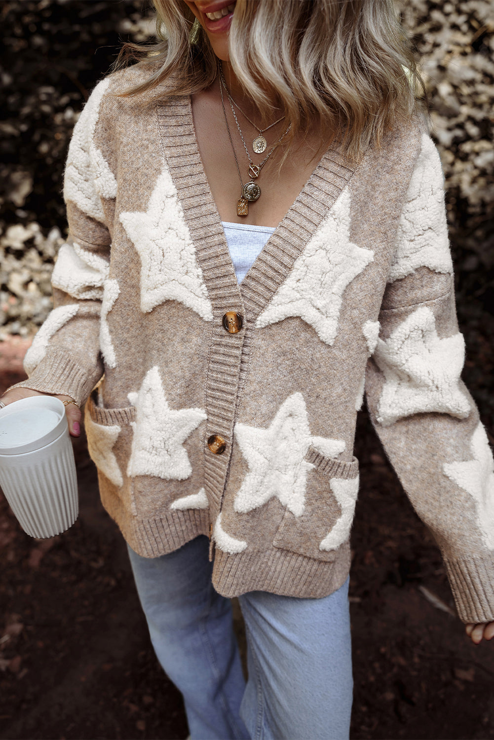 Sherpa Star Pattern Textured Sweater Cardigan with Pockets eAura