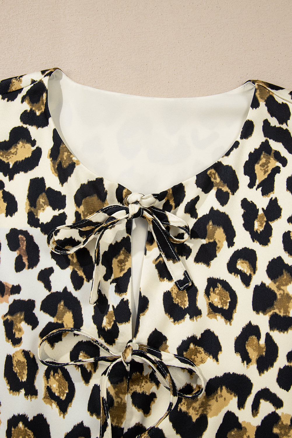 Apricot Leopard Bubble Sleeve Bow Tie Front Peplum Blouse eAura