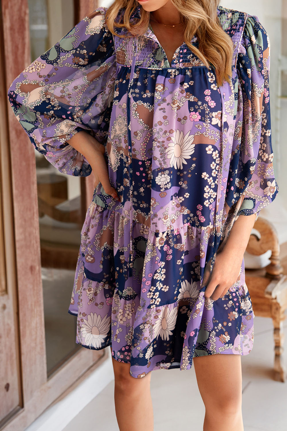 Purple Vintage Daisy Floral Puff Sleeve Ruffle Short Dress eAura