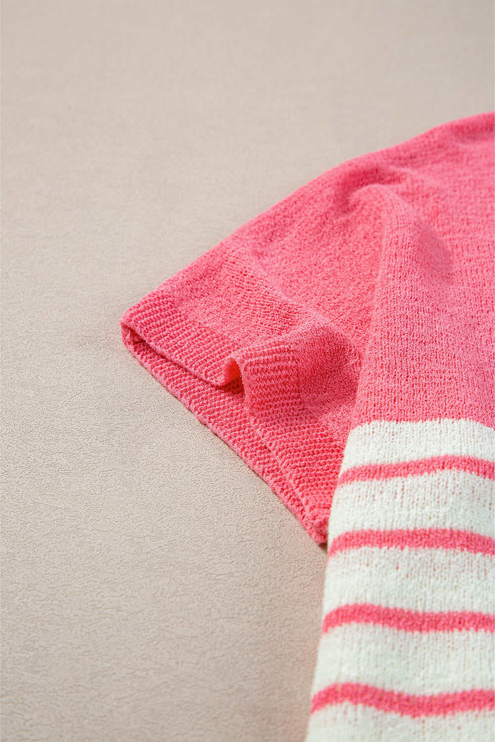 Strawberry Pink Contrast Stripes V Neck Knitted Short Sleeve Top eAura
