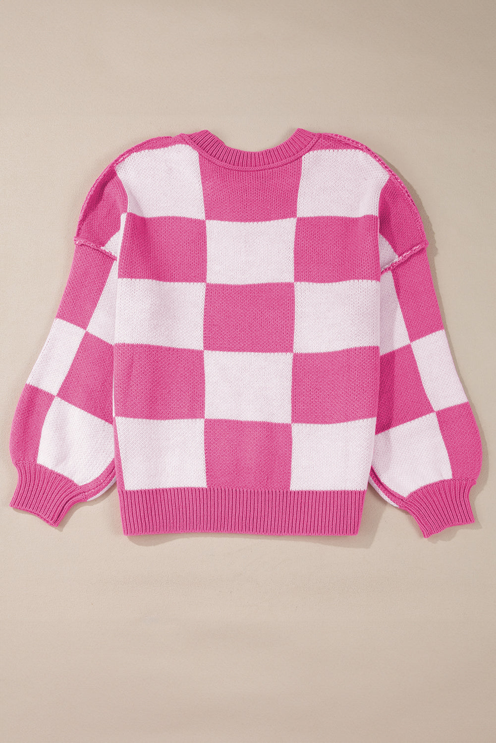 Checkered Bishop Sleeve Sweater – Rose, Pink, Green, Brown, Red & Black