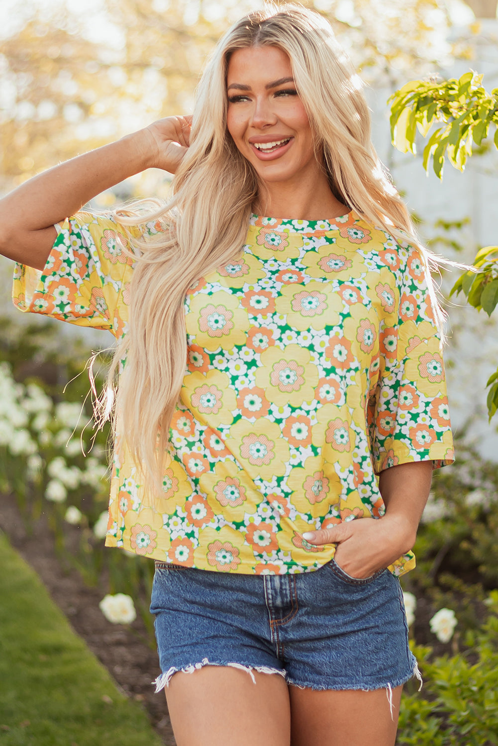Yellow Summer Flower Printed Drop Shoulder Loose T Shirt eAura