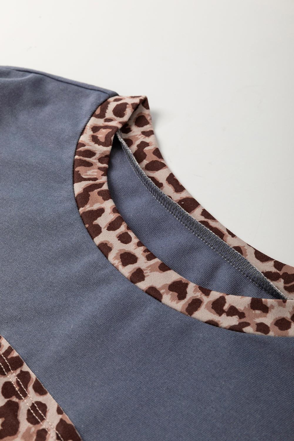 Dark Blue Leopard Colorblock Patchwork Long Sleeve Drop Shoulder Top - eAura