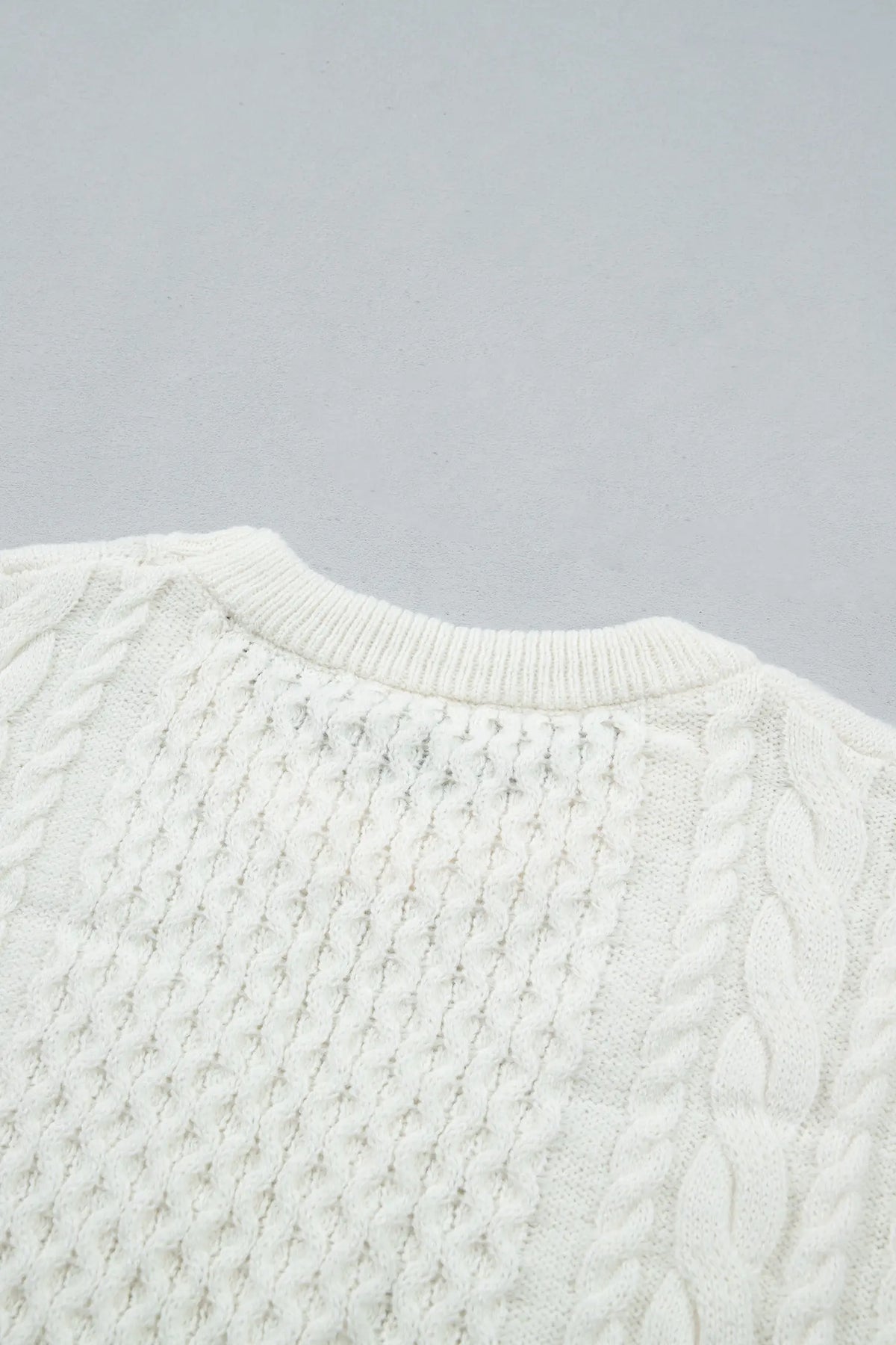 Solid Colour Cable Detail Knit Loose Round Neck Sweater – Beige