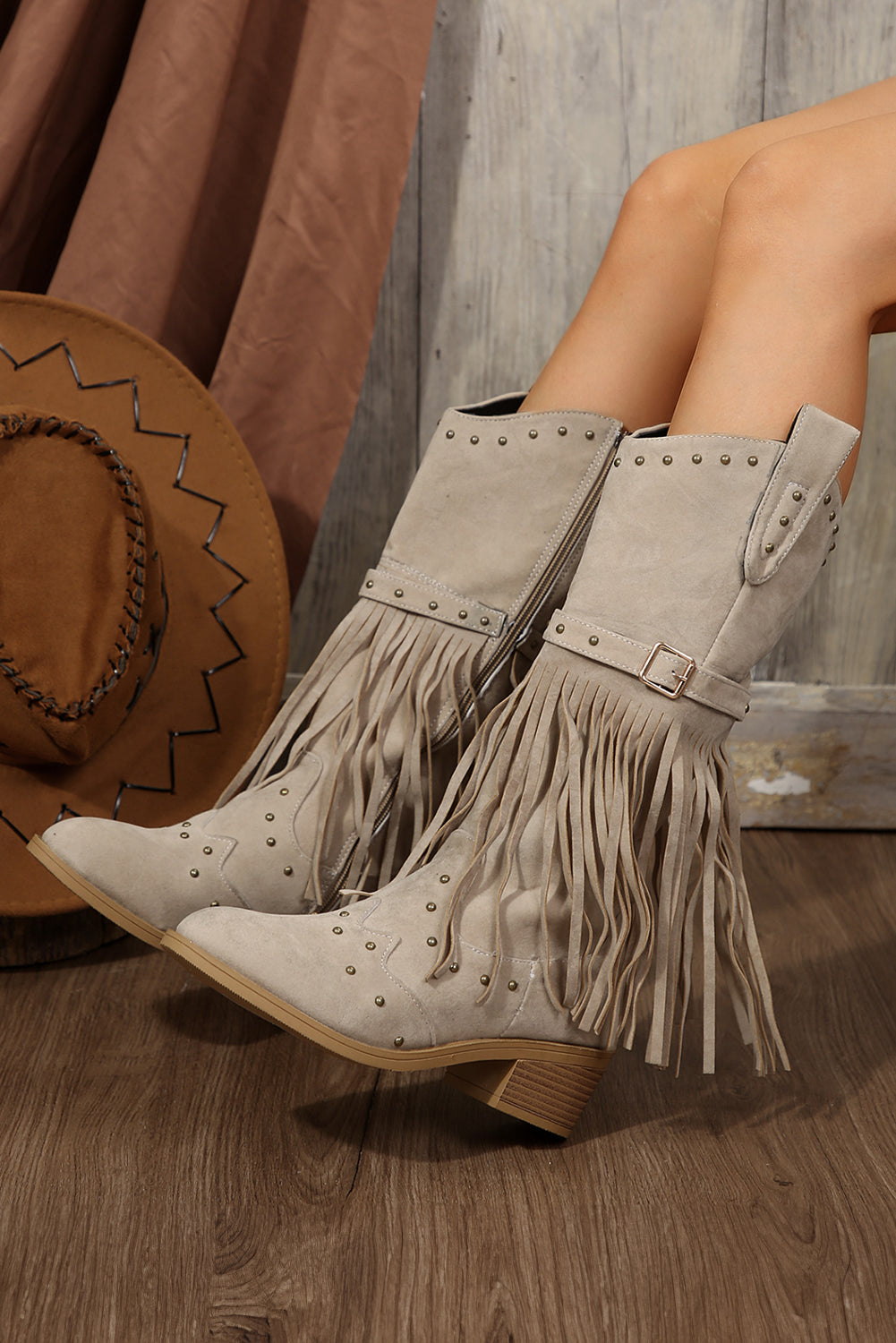 Jet Stream Faux Suede Studded Fringe Trim Heel Boots - eAura