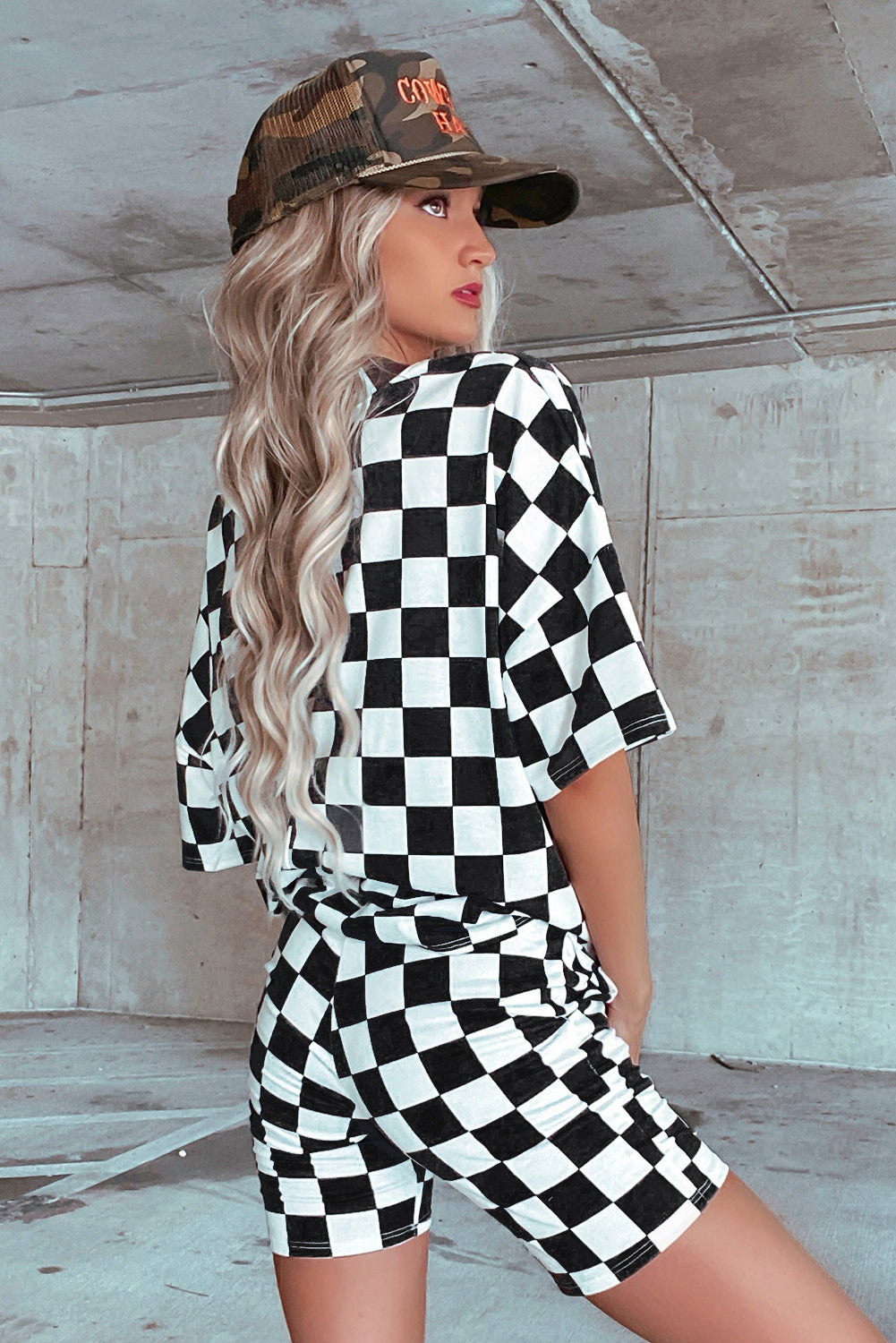 Checkerboard Print V Neck Loose Tee and Shorts Lounge Set eAura