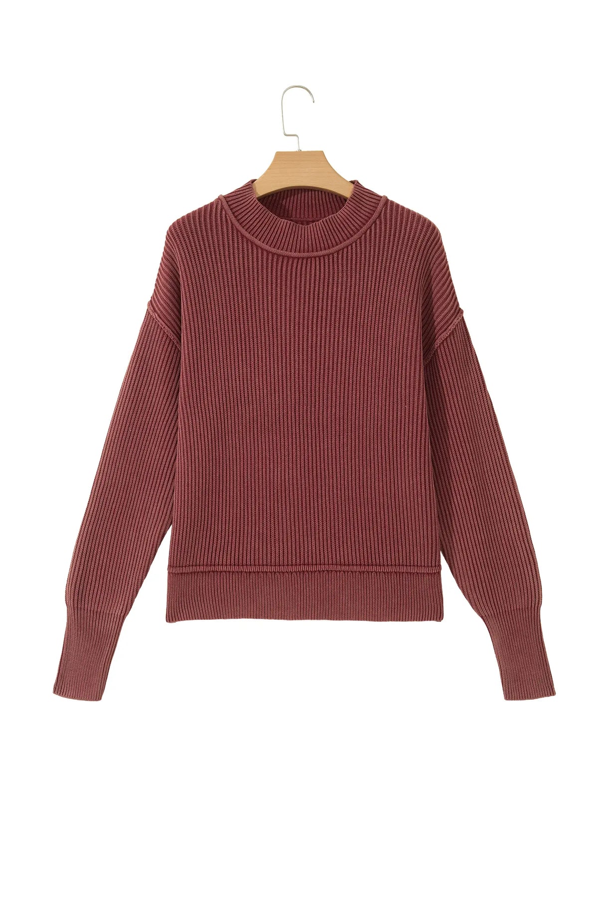 Red Dahlia Drop Shoulder High Neck Ribbed Sweater – Burgundy