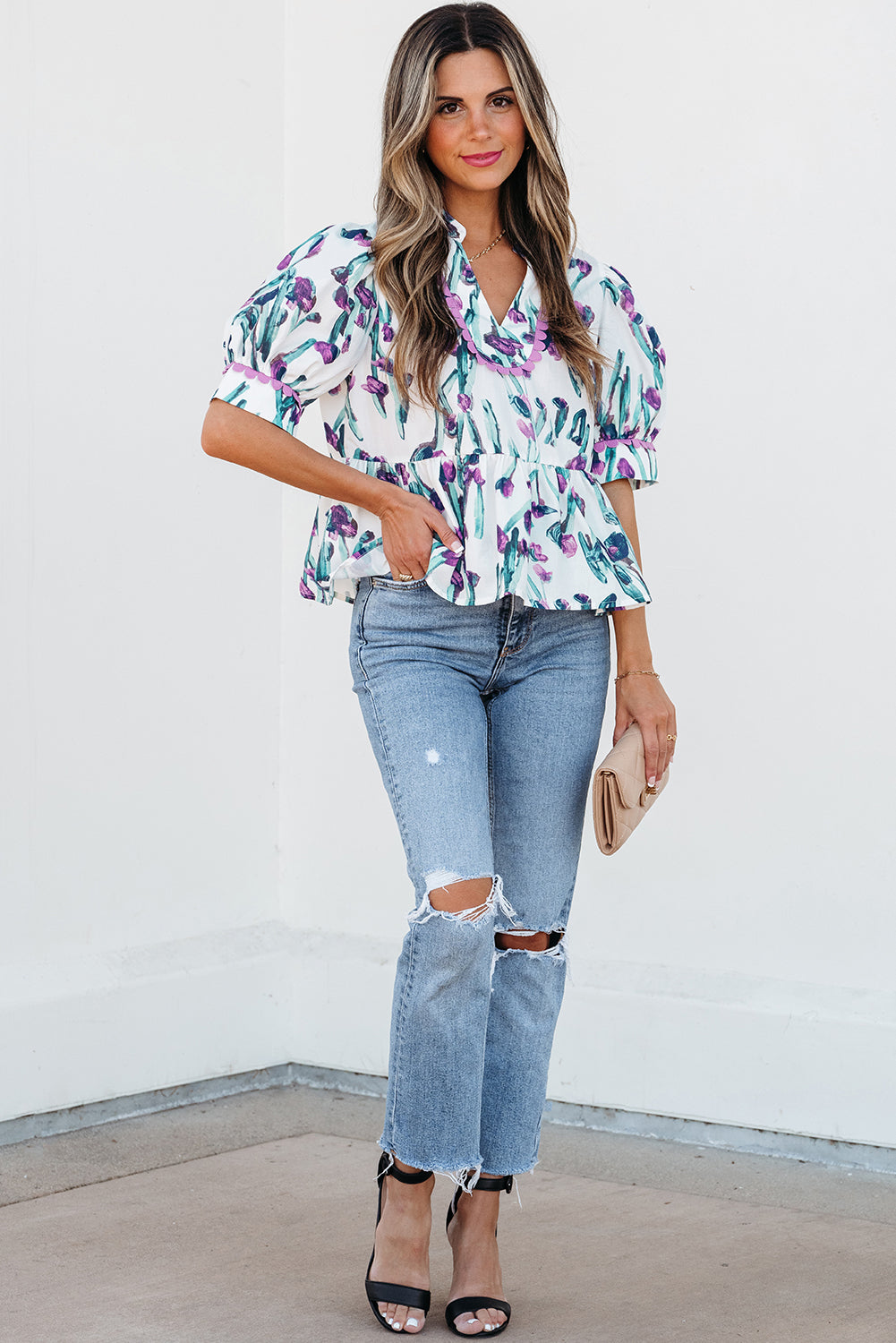 Purple Floral Ricrac Trim Half Sleeve Peplum Top eAura