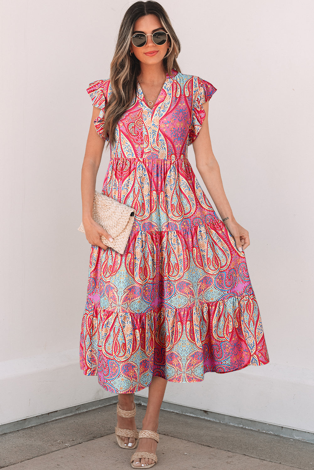 Rose Tribal Paisley Print Ruffled Sleeve Notch Neck Midi Dress eAura
