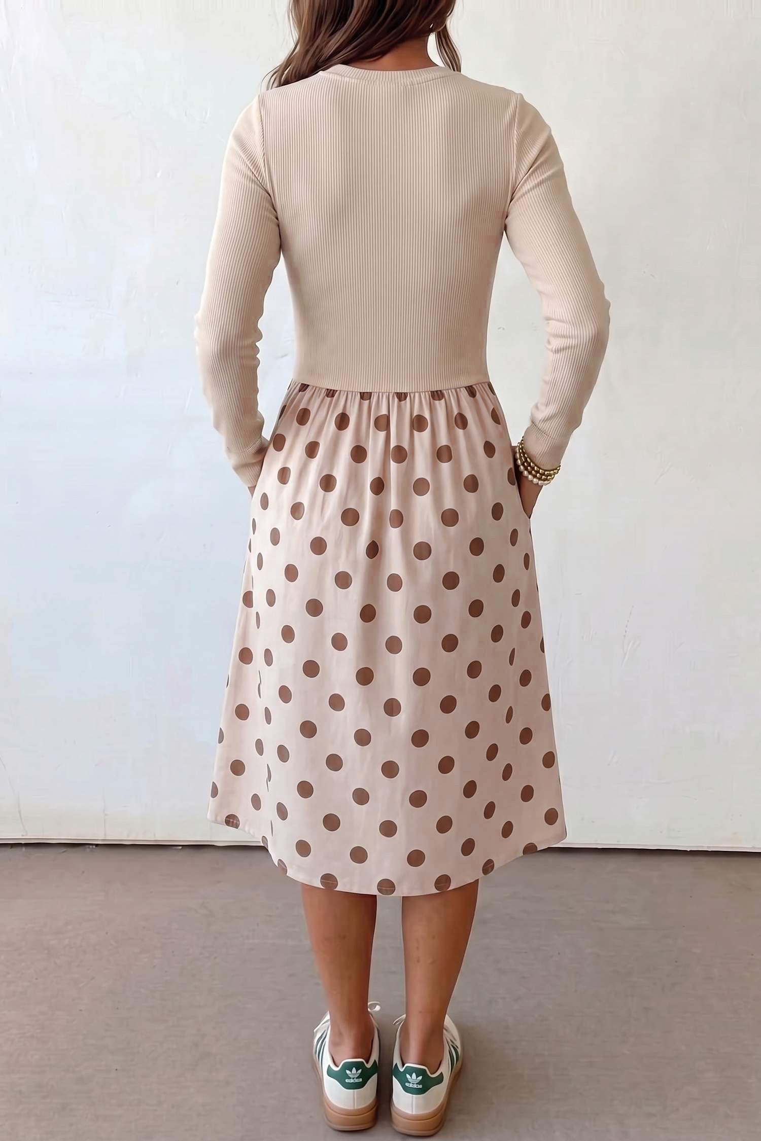 Polka Dot Midi Long Sleeve Dress – Beige