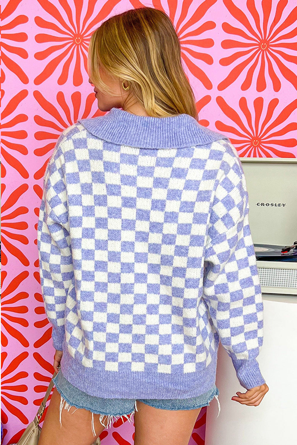 Purple Checkered Collared Buttons Plus Size Sweater Beagle Boutique Fashion Outlet