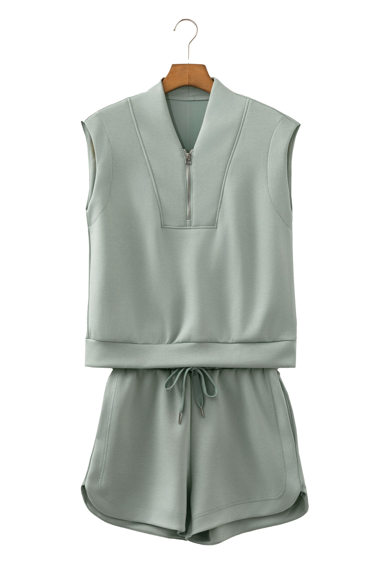Quarter Zip Sleeveless Top Drawstring Shorts Casual 2pcs Outfit – Oatmeal