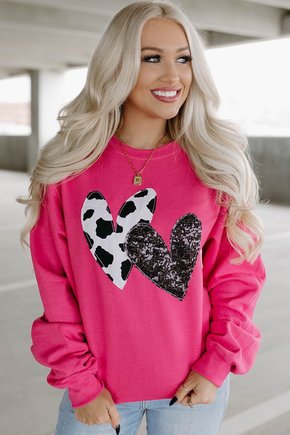 Pink Sequins Heart Patch Graphic Sweatshirt