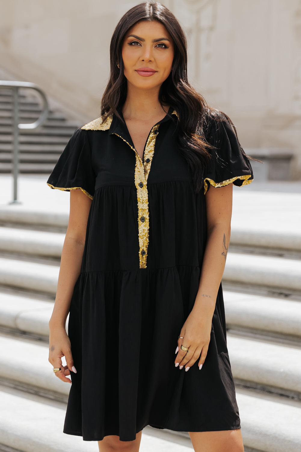 Black Sequin Trim Bubble Sleeve Game Day Shirt Dress BB Fashion Outlet