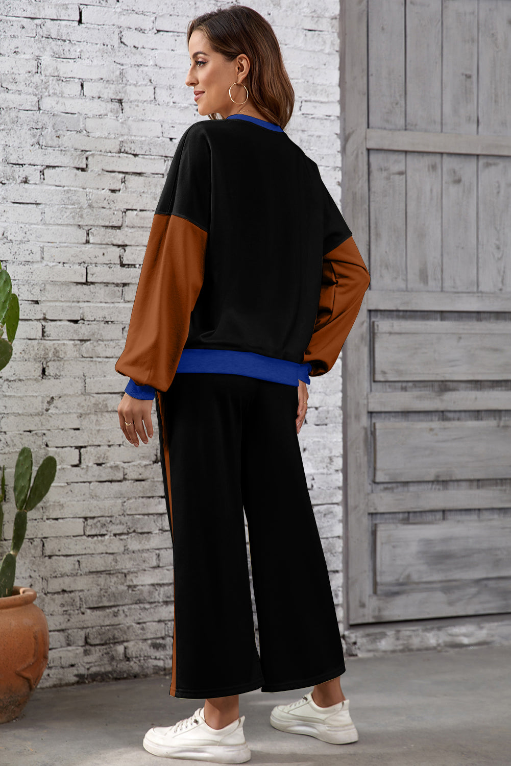 Chestnut 2pcs Color Block Pullover Loose Pant Set Dear-Lover Dropshipping