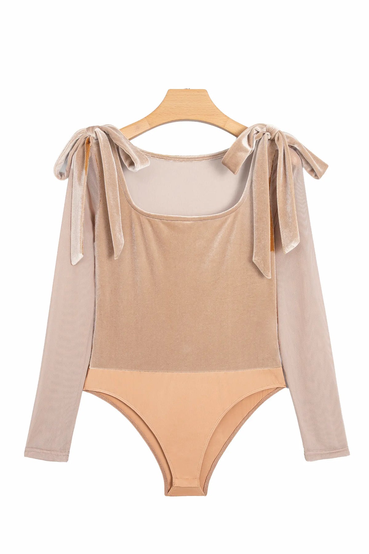 Solid Colour Velvet Knot Square Neck Sheer Long Sleeve Bodysuit – Light French Beige