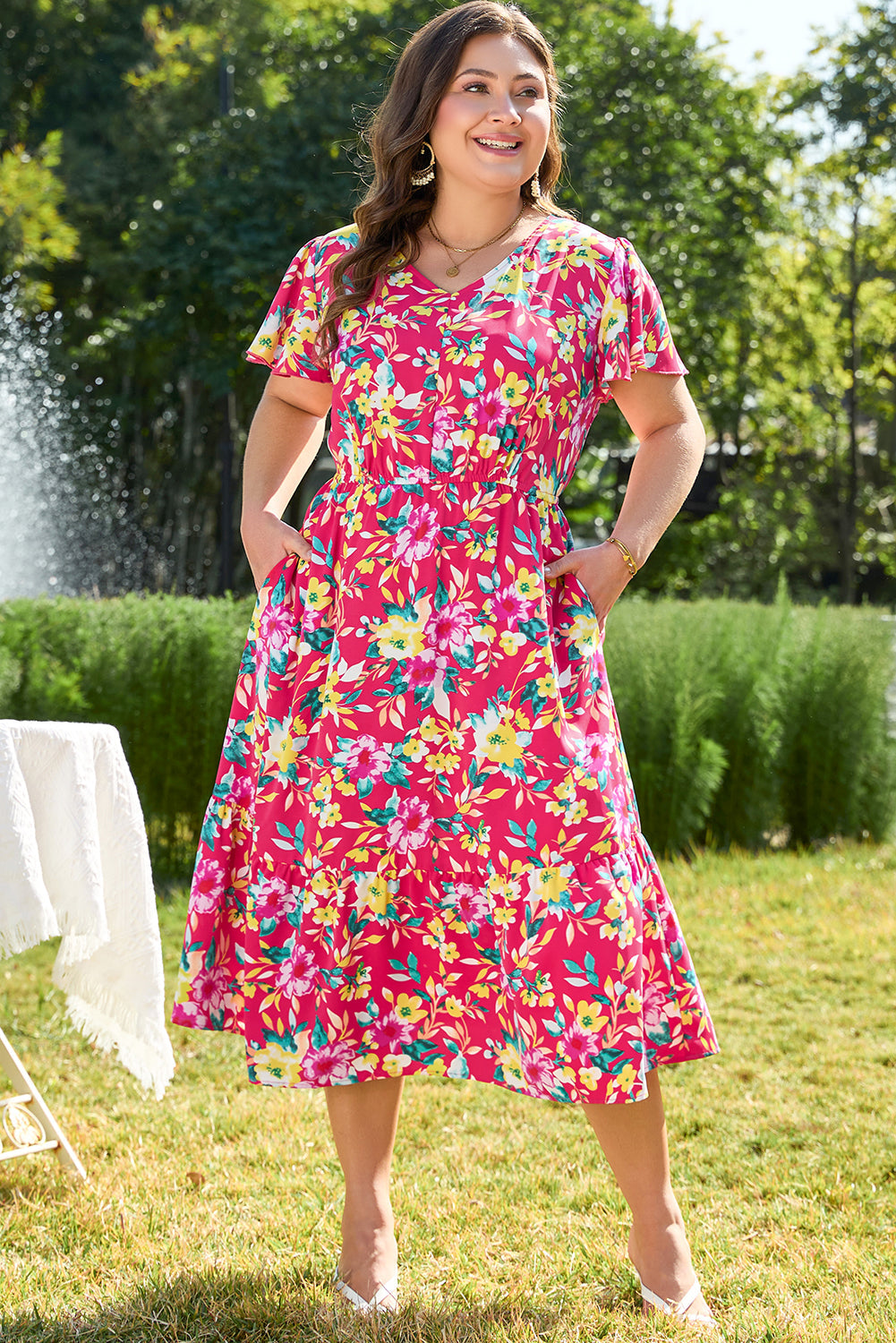 Pink Floral Print V Neck Pocketed High Waist Plus Size Midi Dress BB Fashion Outlet