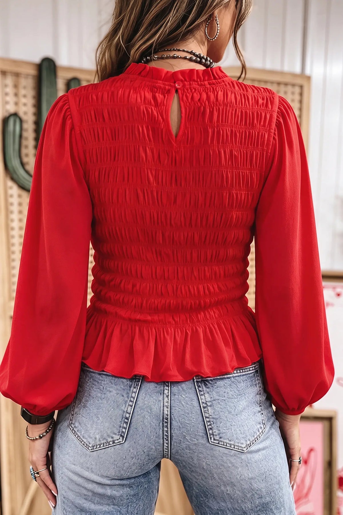 Solid Colour Smocked Ruffle Hem Long Sleeve Blouse – Bright Green
