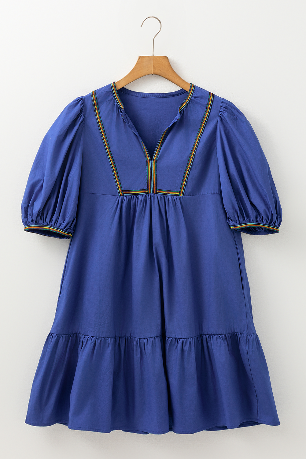 Bluing Colorful Striped Trim Puff Sleeve Pleated Mini Dress BB Fashion Outlet
