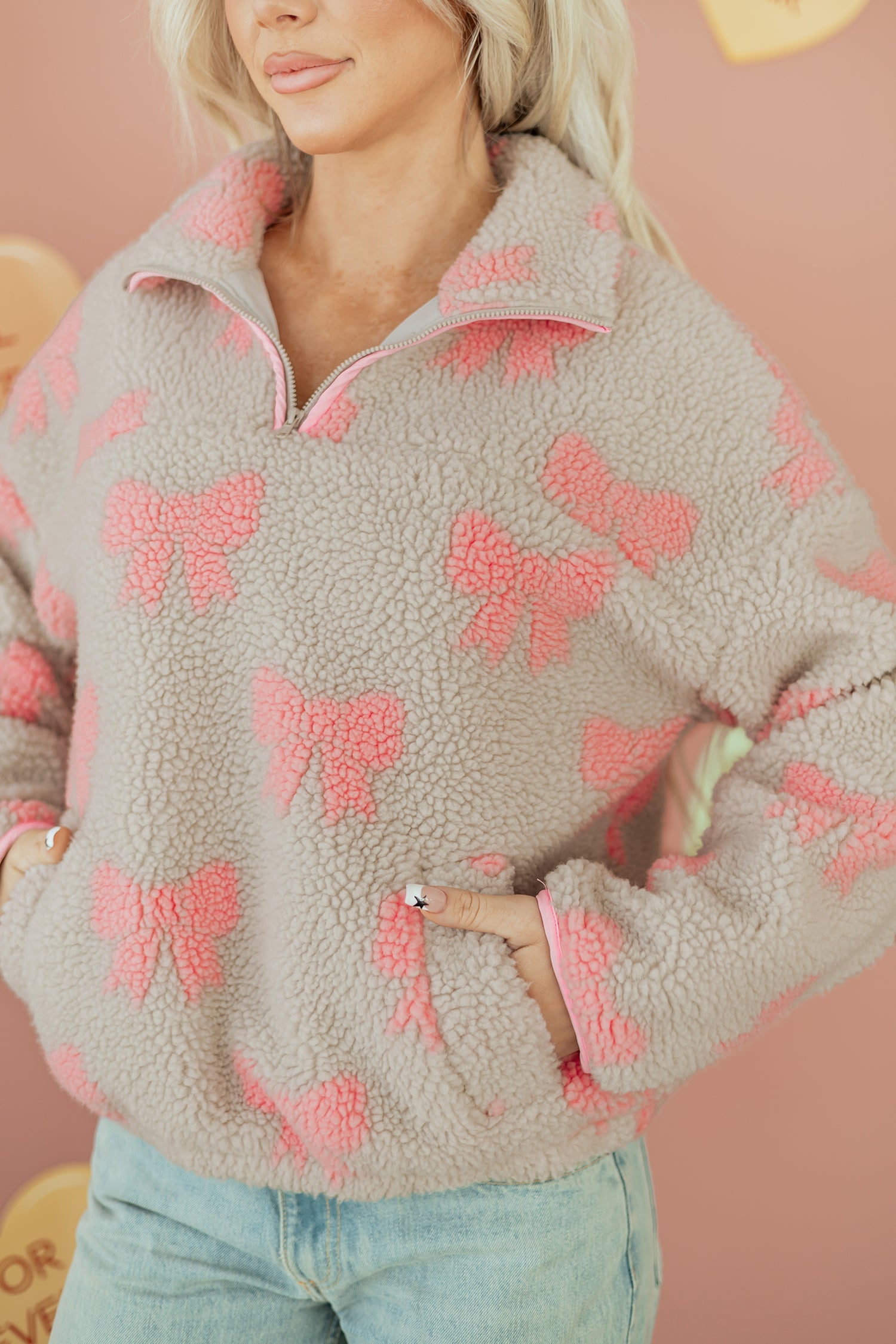 Grey Bow Sherpa Quarter Zip Drop Shoulder Baggy Sweatshirt - eAura