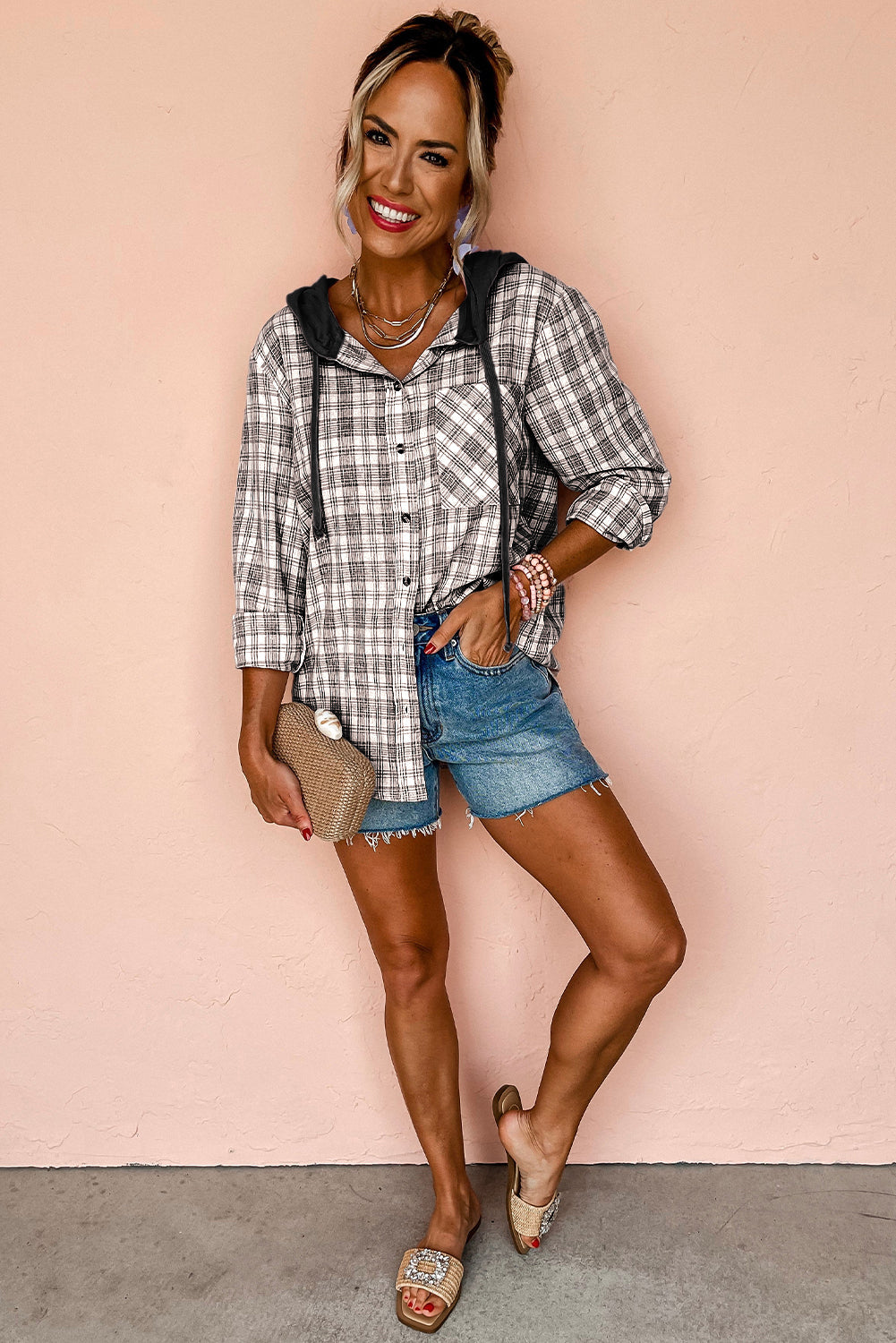 Black Checkered Print Loose Fit Buttoned Hooded Shacket eAura
