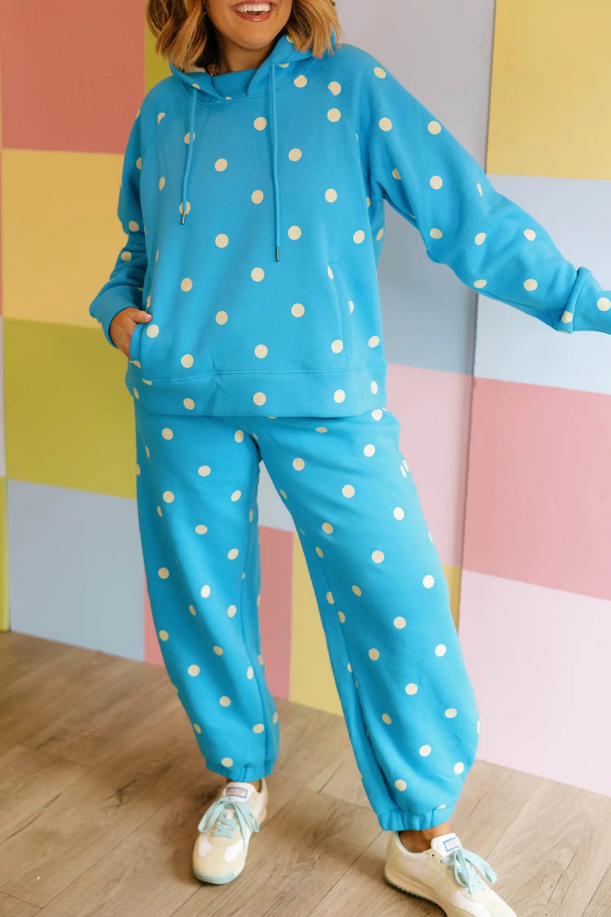 Polka Dot Hooded Drawstring Long Sleeve Plus Size Set – Blue