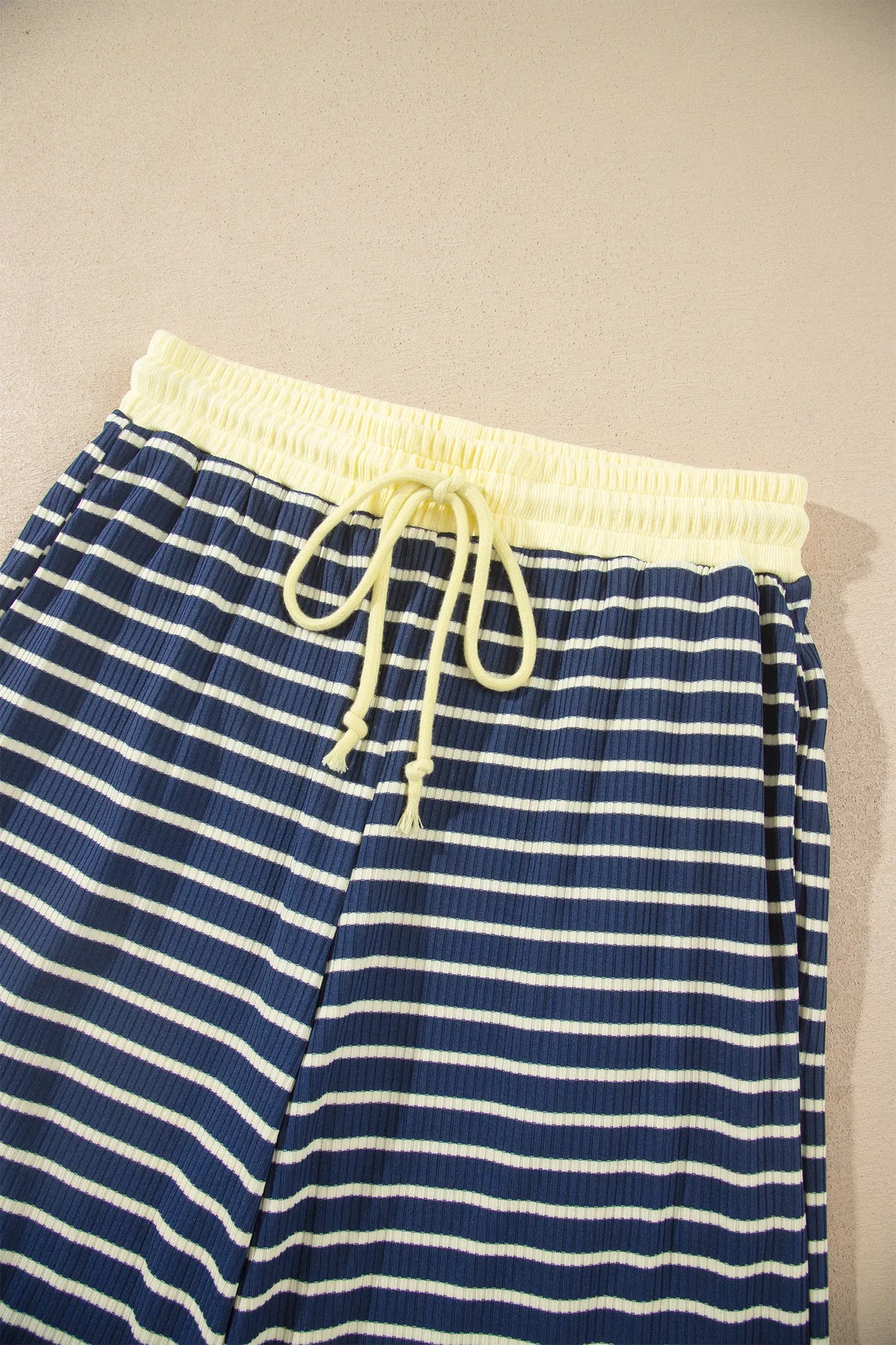Colour Block Patchwork Zip V Neck Pullover Loose Pants 2pcs Set – Blue Stripe