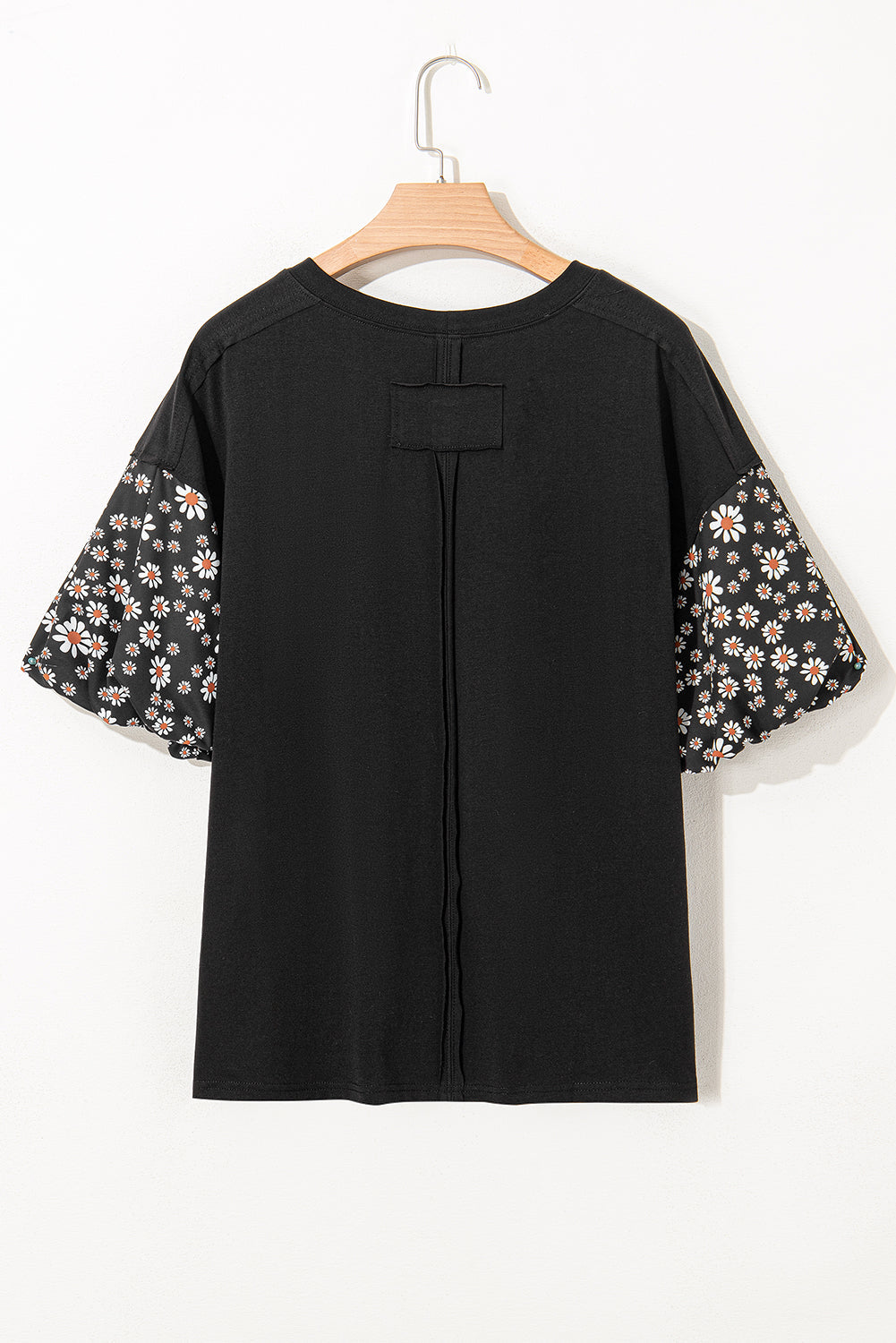 Black Contrast Floral Puff Sleeve Oversized Top eAura