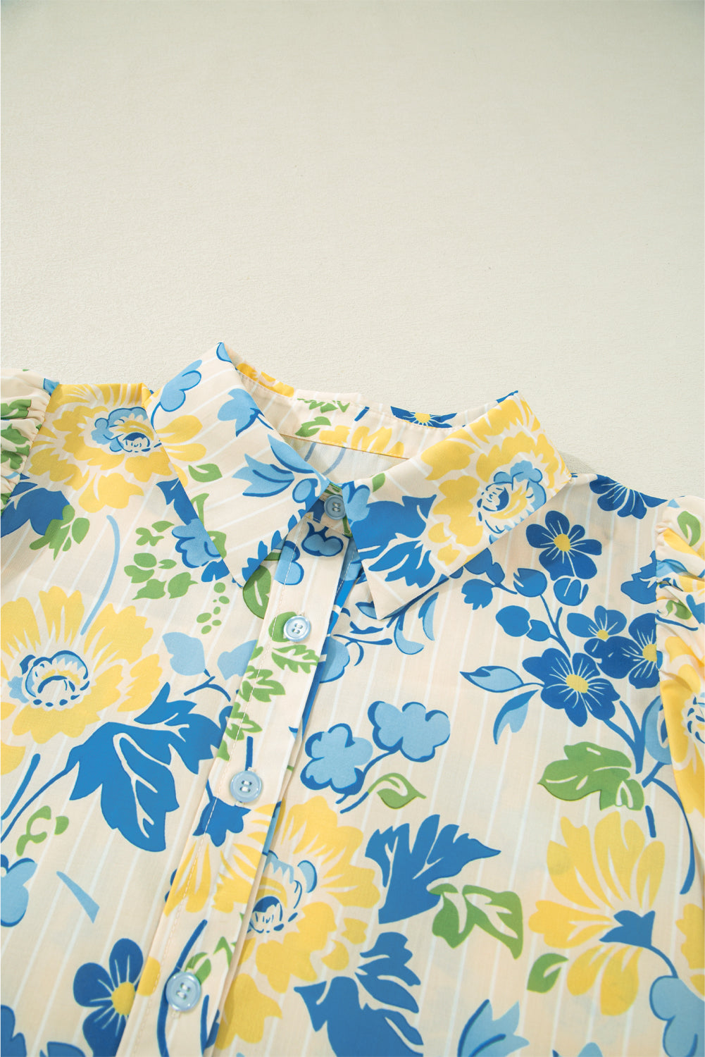 Blue Floral Striped Mixed Print Puff Short Sleeve Blouse eAura