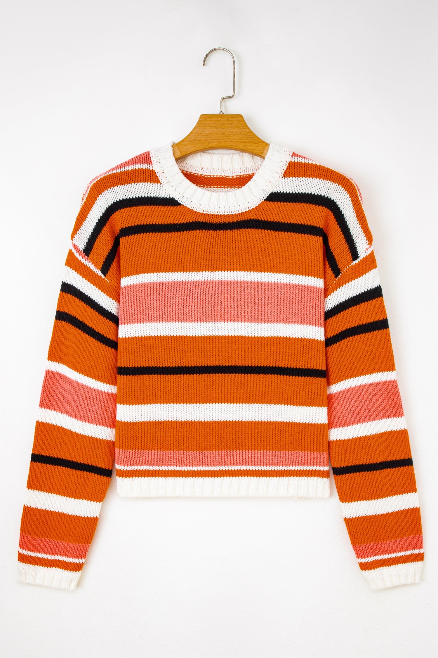 Orange Stripe Drop Shoulder Cropped Pullover Sweater - eAura