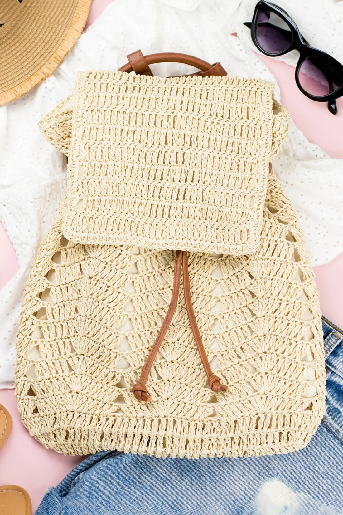 Retro Straw Woven PU Leather Straps Casual Backpack