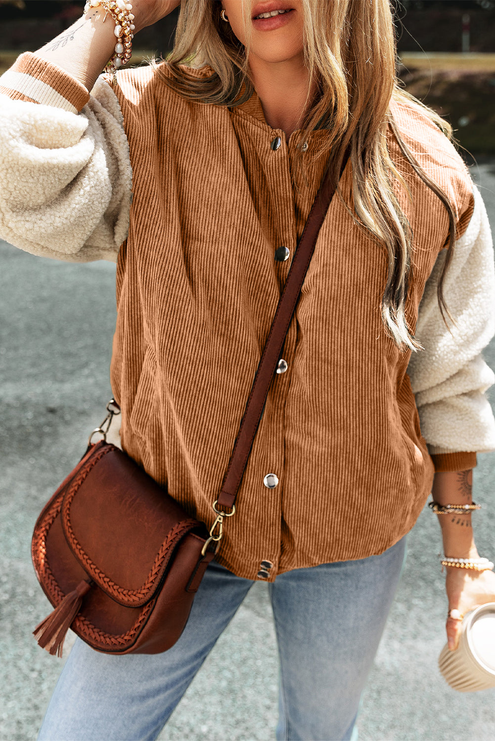 Buckskin Corduroy Fleece Patchwork Buttoned Bomber Jacket eAura