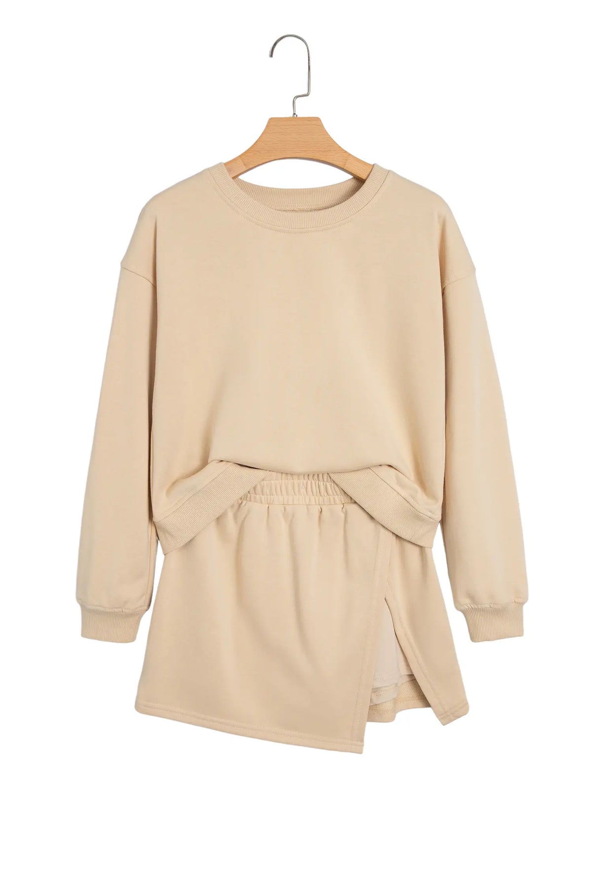 Solid Colour Long Sleeve Top Split Skort 2pcs Outfit – Parchment