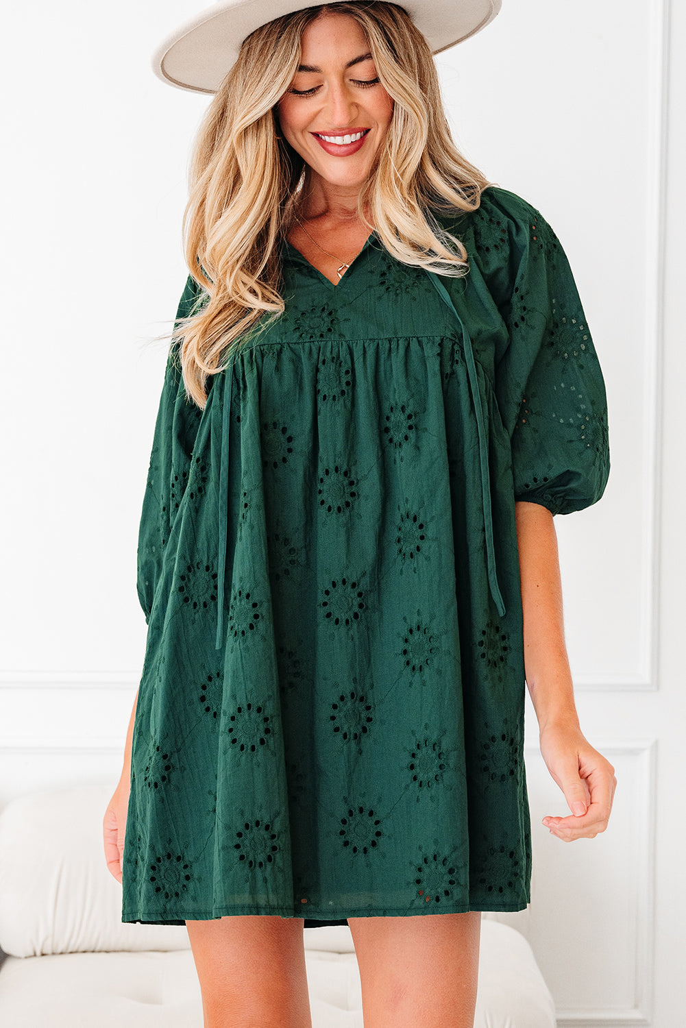 Embroidered Eyelet Pattern 3/4 Puffy Sleeve Swing Mini Dress - Green / S - Dresses/Mini Dresses