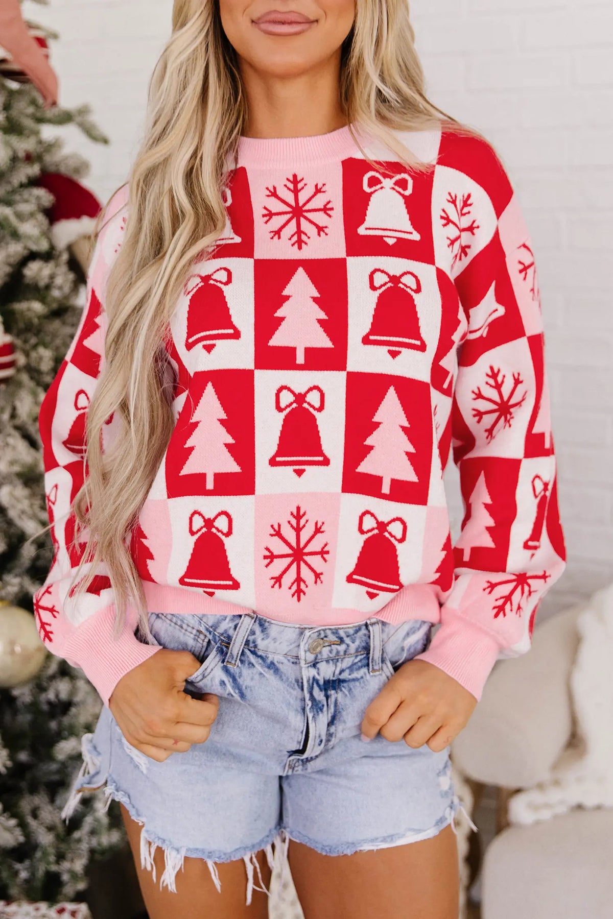 Pullover Christmas Plaid Round Neck Long Sleeve Tunic Sweater