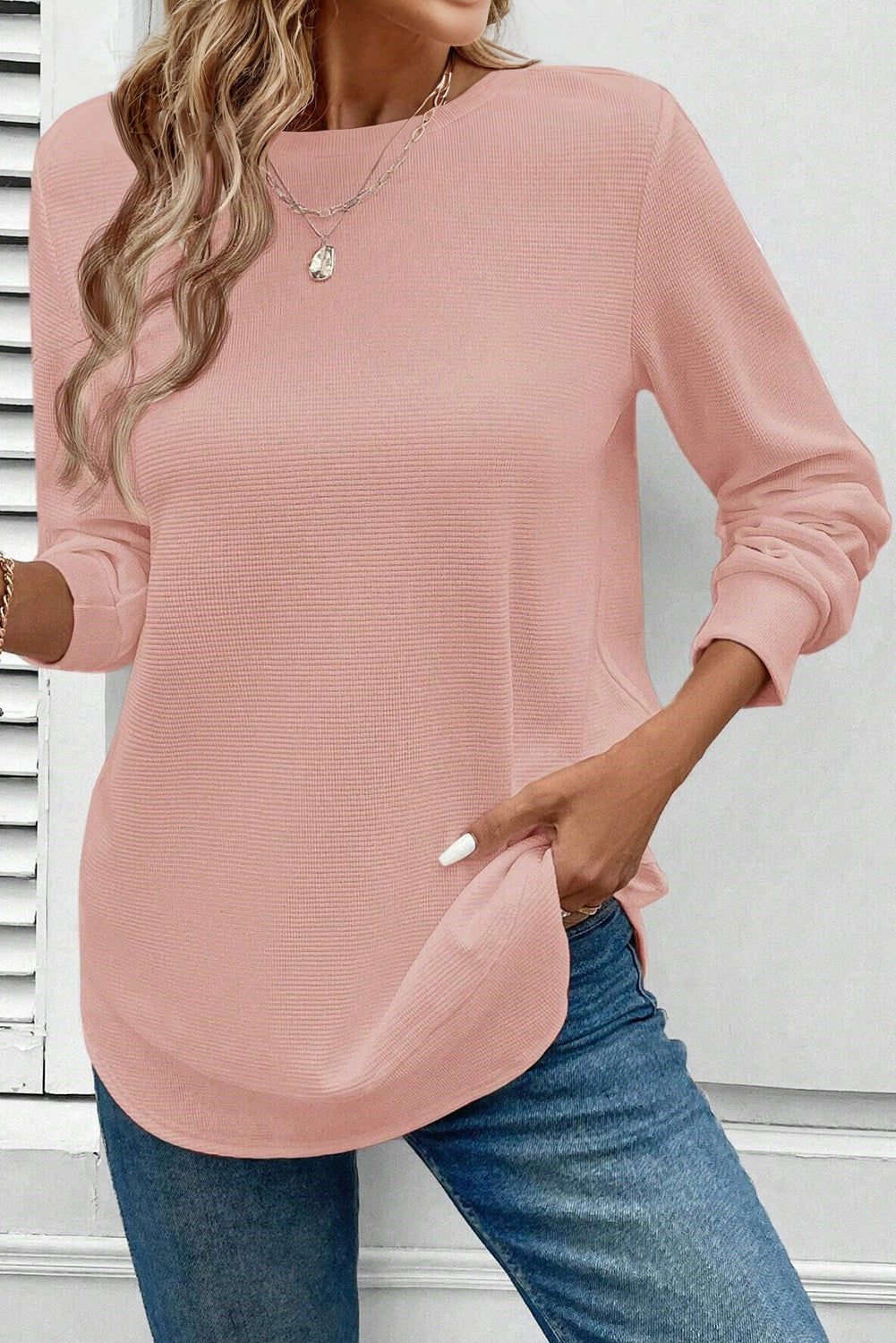 Rounded Hem Waffle Long Sleeve Top - eAura