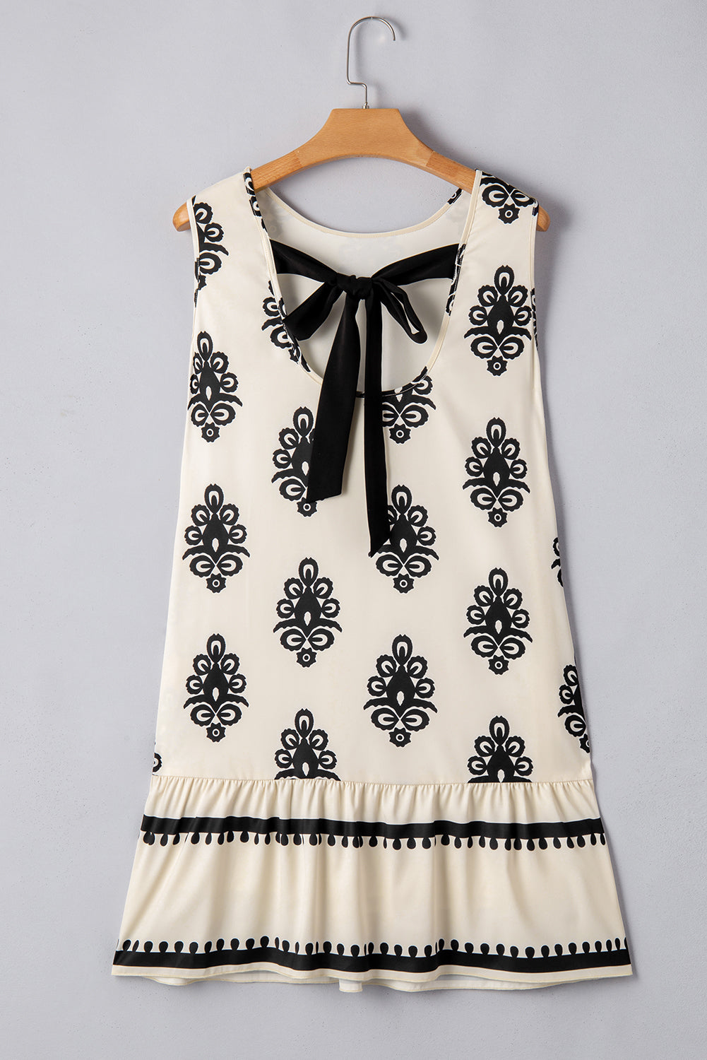 Beige Geometric Printed Sleeveless Hollowed Bowknot Back Mini Dress eAura
