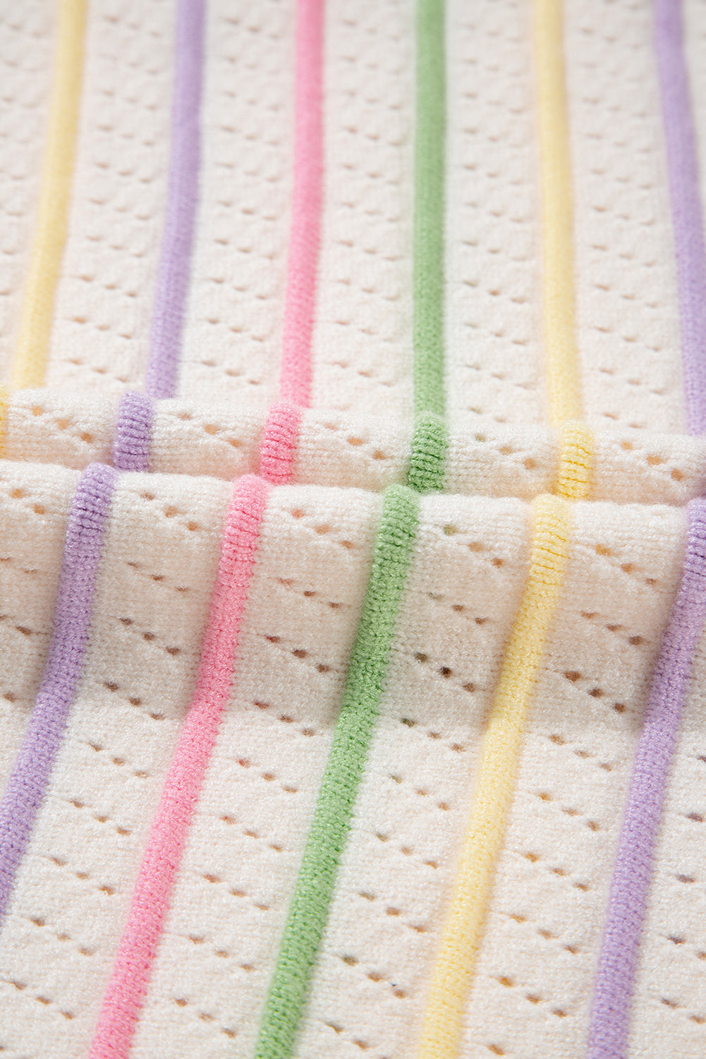 Oatmeal Colourful Striped Eyelet Knit Ruffled Sleeve Sweater T Shirt eAura