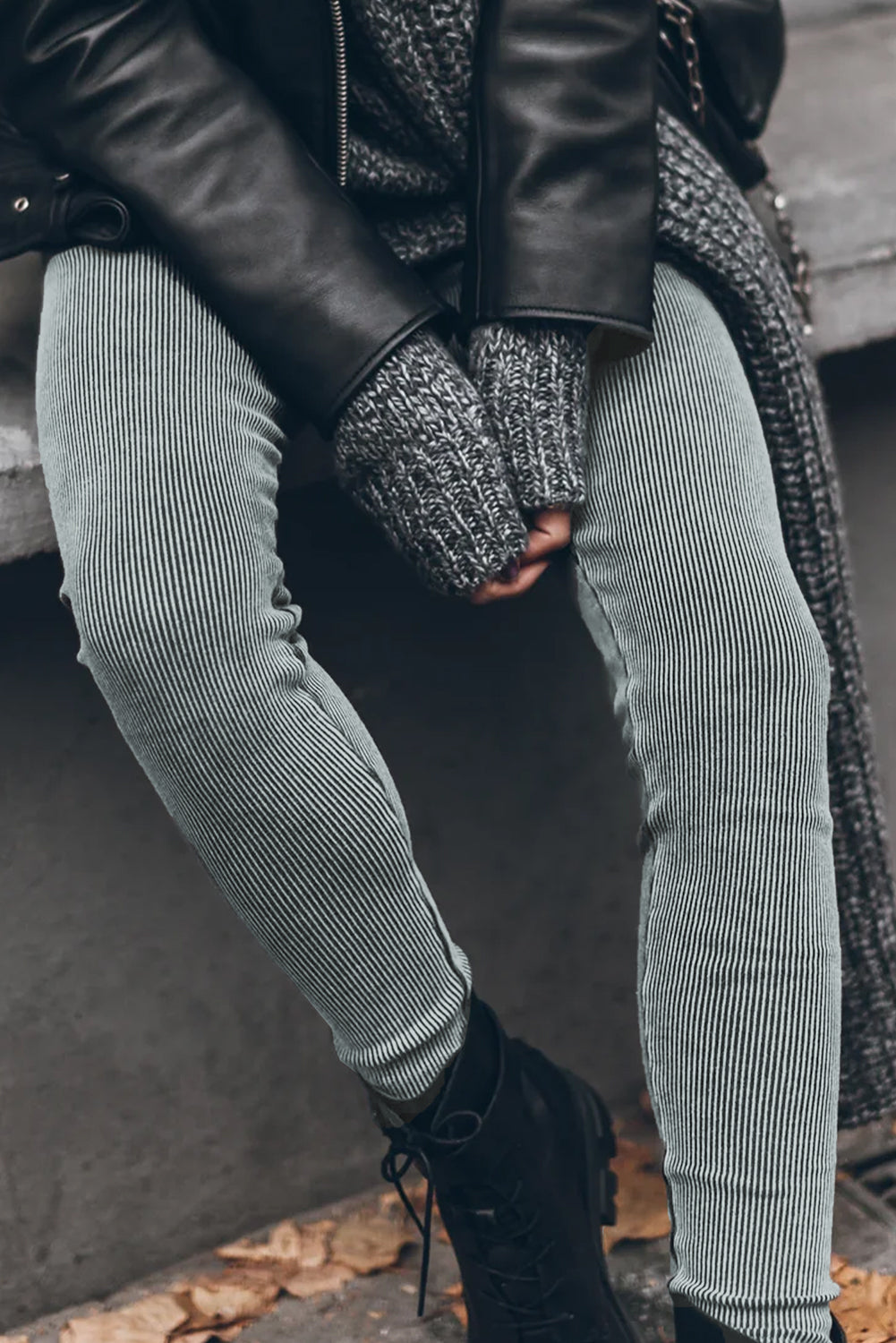 Dark Grey Vintage Wash Ribbed Leggings Beagle Boutique Fashion Outlet